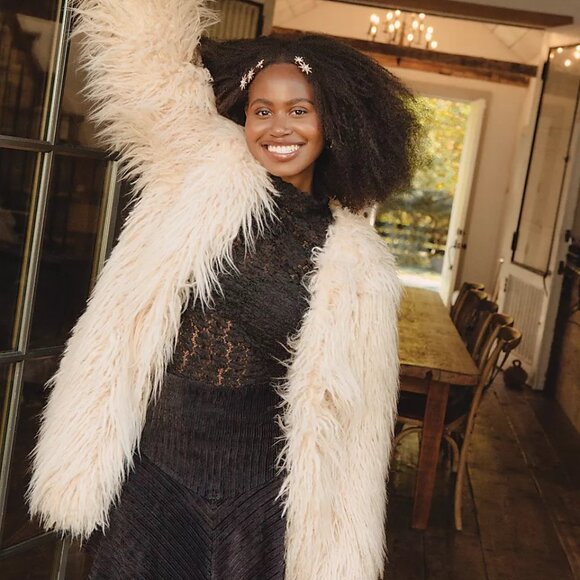 Free People Renata Faux Fur Shag Coat Sand Size Medium - Picture 2 of 15